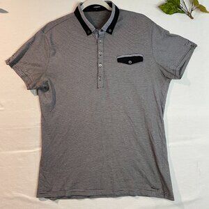 Tempo Men's L Polo Shirt Navy Blue Striped Short Sleeves Casual